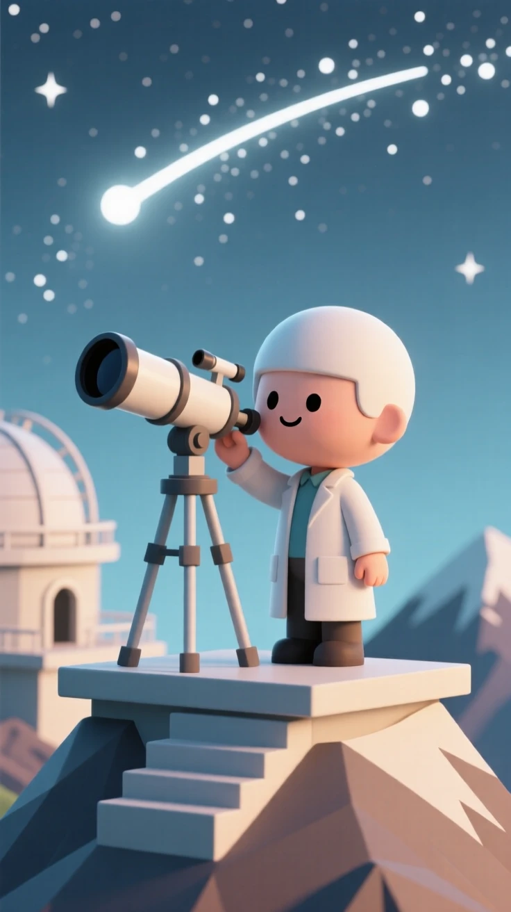 A young stargazing scientist adjusts a large telescope atop a mountain observatory, the Milky Way stretching brightly overhead.