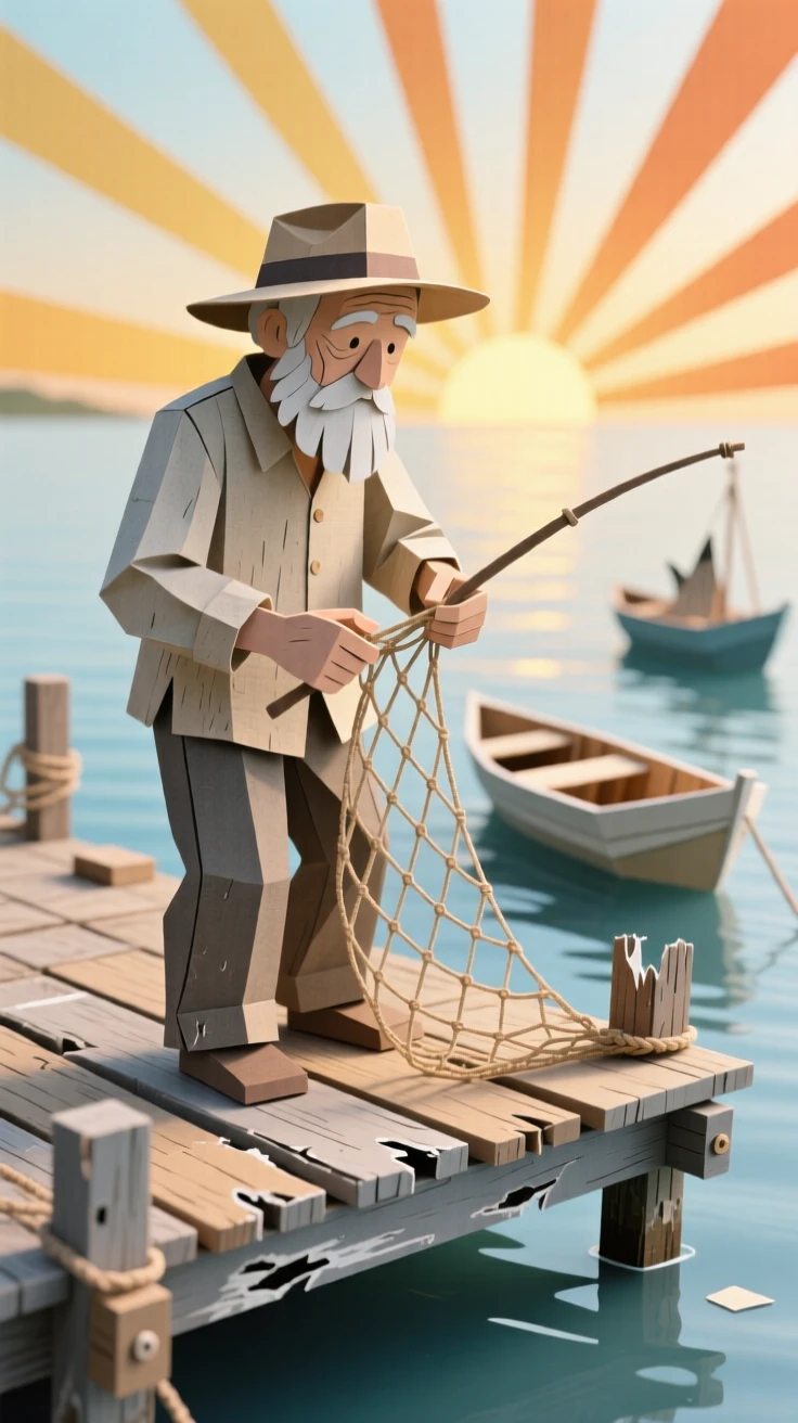 An elderly fisherman mending his nets on a weathered dock at sunrise, the golden light illuminating the lines on his face, small boats bobbing gently behind him, evoking quiet wisdom earned over a lifetime.