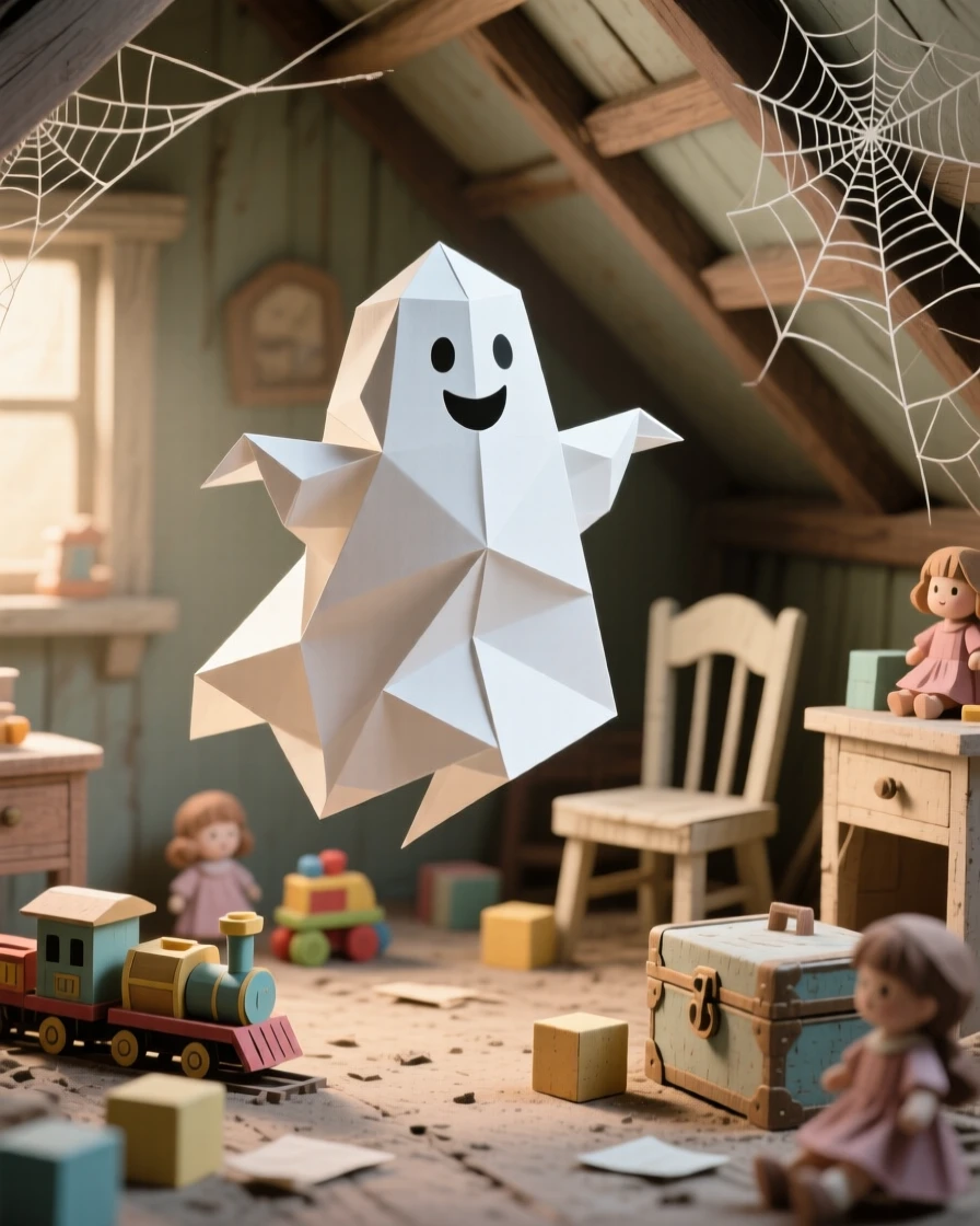 A friendly ghost floating cheerfully through a dusty attic filled with old toys and cobwebbed furniture.