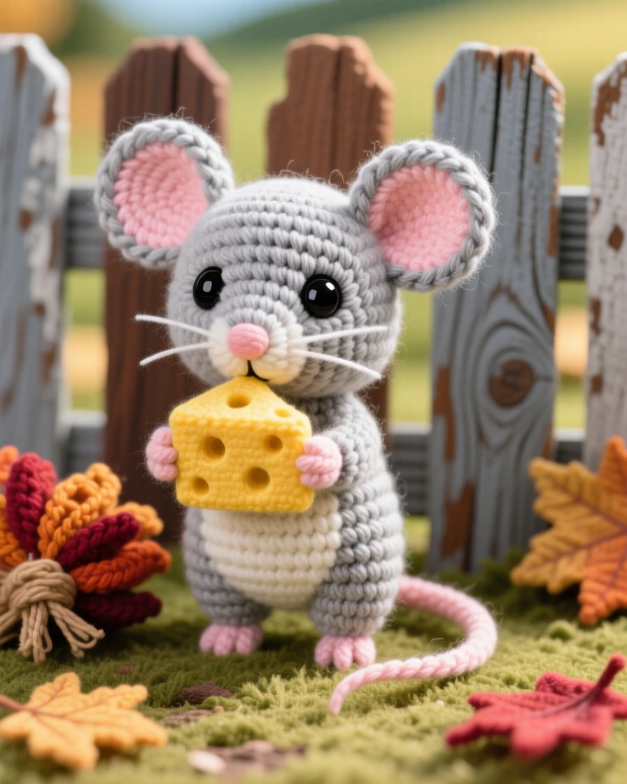 a tiny baby mouse, with round ears and a long thin tail, nibbling a wedge of cheese held in both paws, set in a sunny farmyard with a weathered wooden fence, with a bundle of dried autumn leaves, evoking gentle trust and quiet companionship.