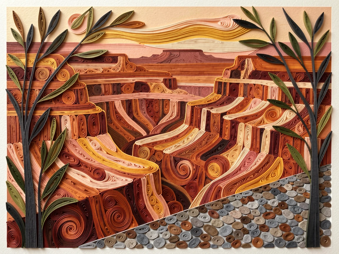 A breathtaking view of the Grand Canyon layered in warm desert hues beside a quiet cobblestone street, in warm golden and rose-colored sunset tones, framed by silhouetted trees in the foreground.
