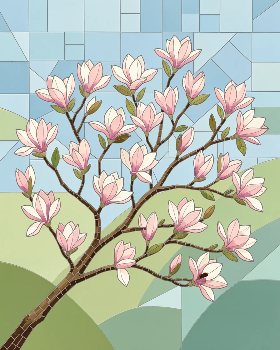A magnolia tree in full bloom against a clear spring sky, with soft morning light and a gentle blur of background greenery.