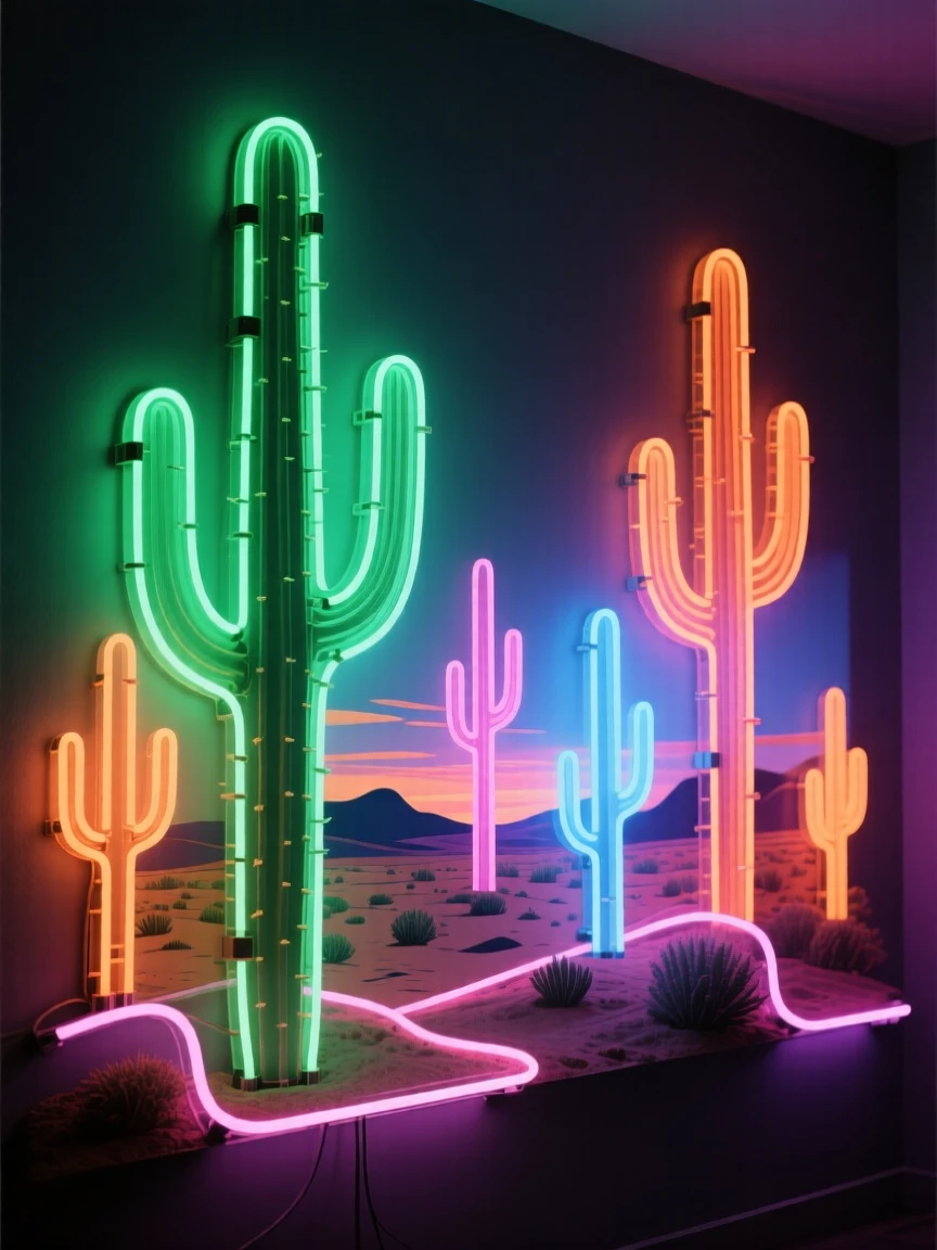 A desert landscape dotted with tall saguaro cacti.