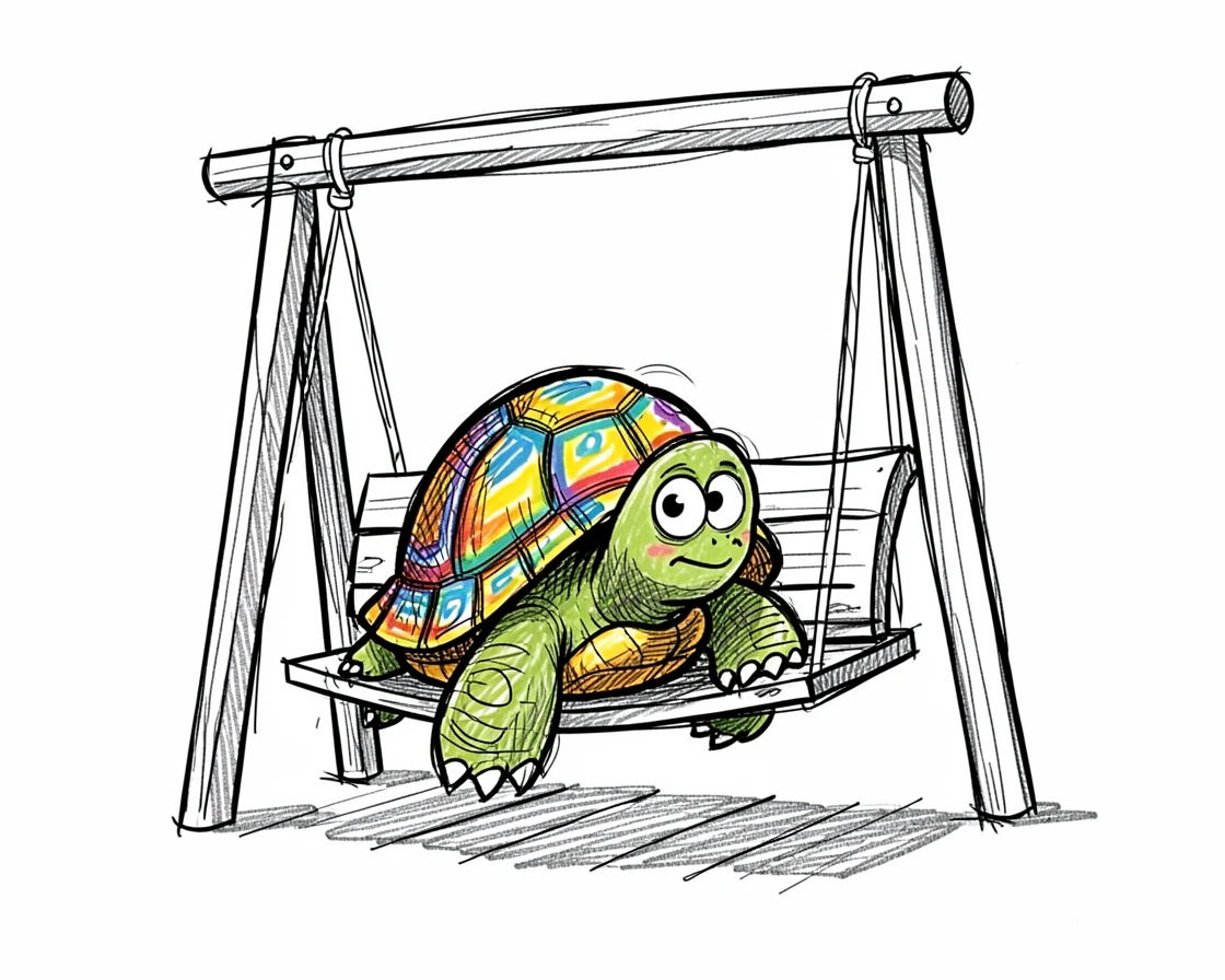 A turtle with a painted shell sitting on a porch swing.