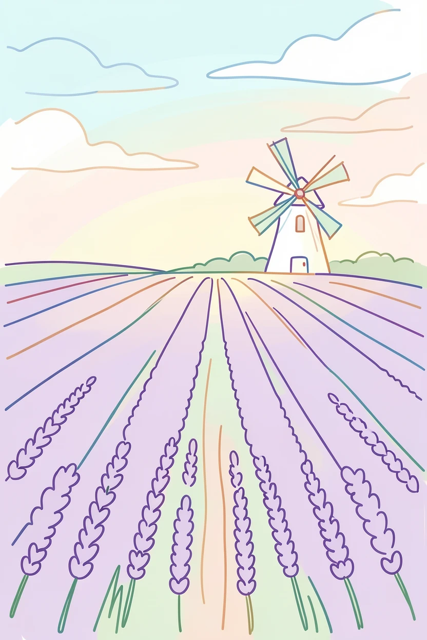 A field of lavender rows stretching toward a distant windmill under a pastel sky.