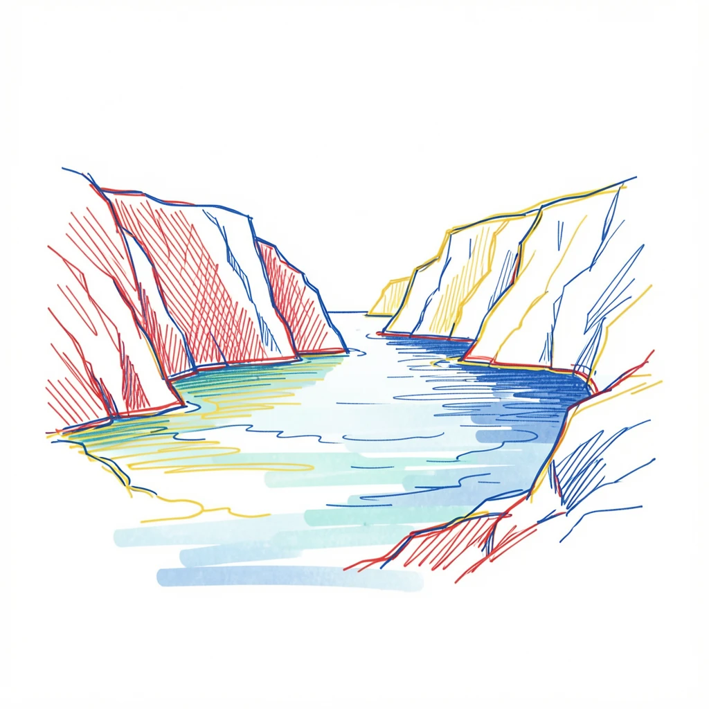 A tranquil bay ringed by cliffs, turquoise water fading to deep blue offshore