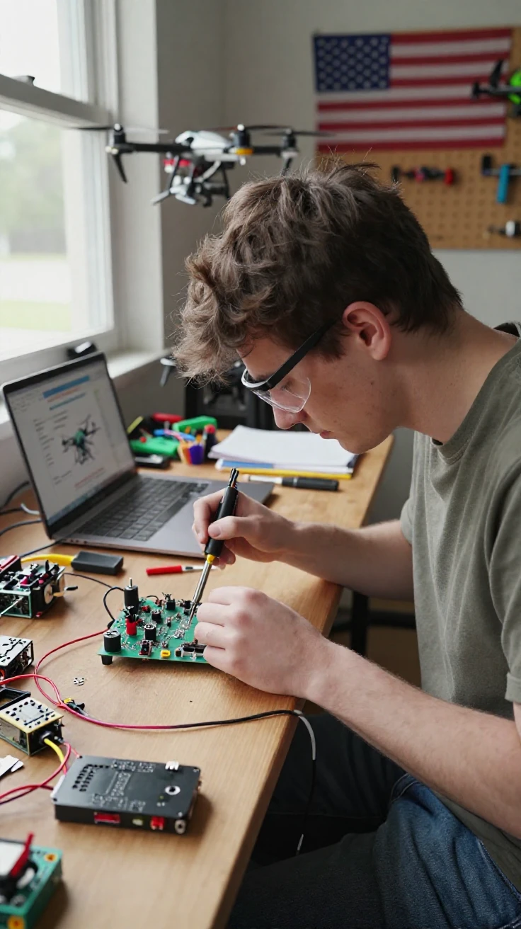 A young engineer solders a circuit board for a homemade drone project.
