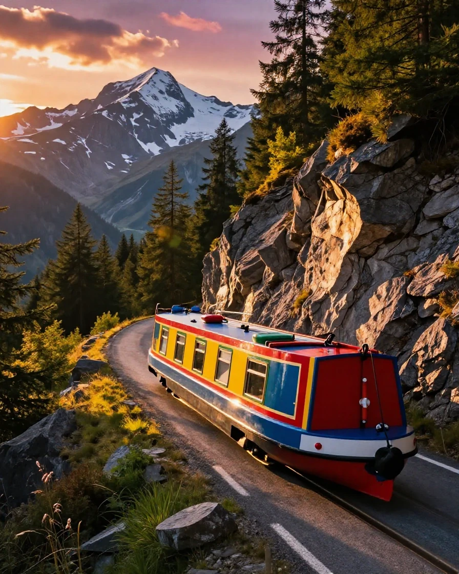 A colorful narrowboat climbing a steep alpine road in the golden light of late afternoon