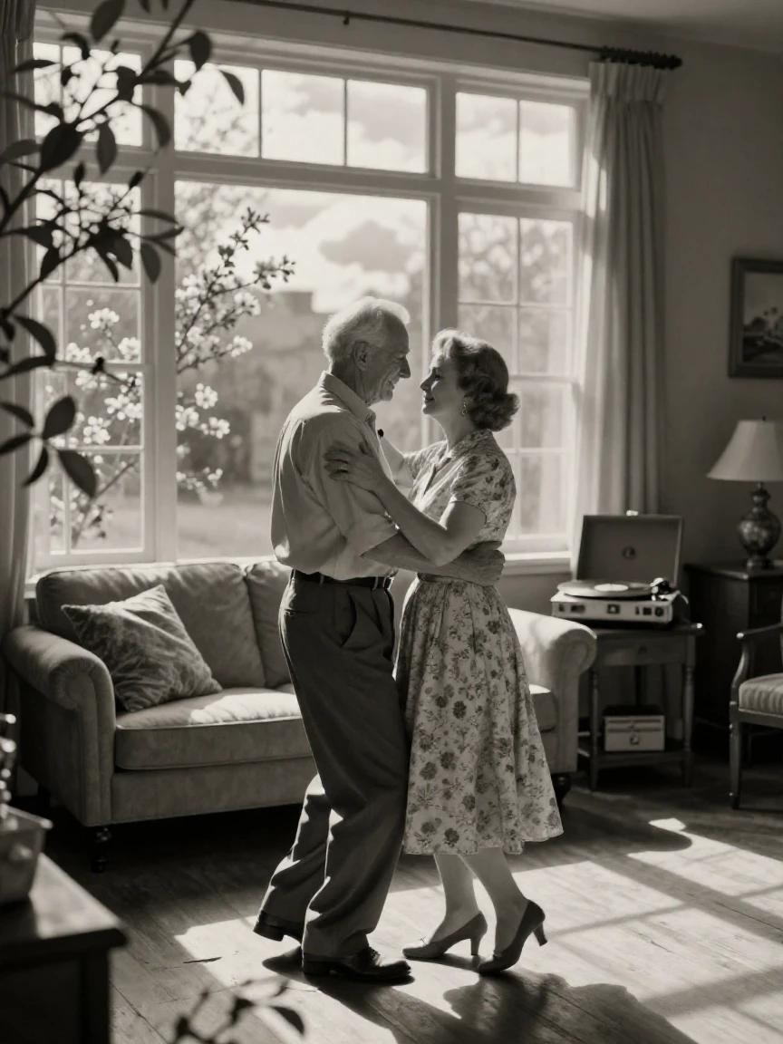 An elderly couple slow dancing in their living room to an old record, in warm morning light, under scattered clouds, as spring blossoms unfurl, with stark black-and-white contrast softened by a single warm hue, peering through foliage in the foreground.