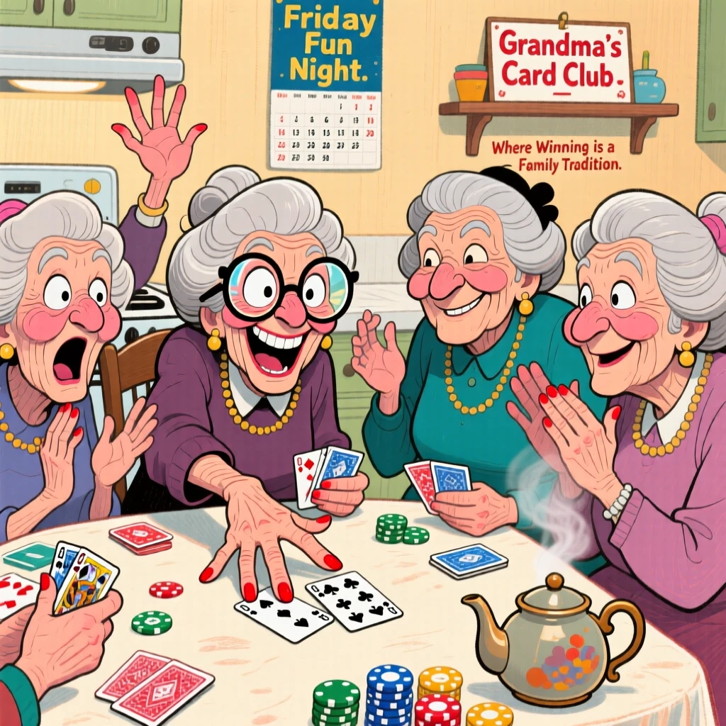 A group of four grandmothers playing cards around a kitchen table, one slamming down a winning hand.