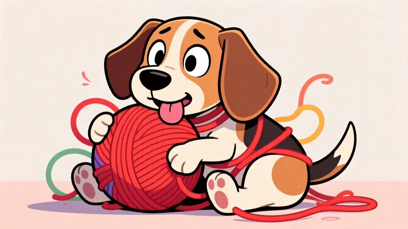 A playful pet moment featuring a playful beagle puppy tangled up in a ball of yarn, looking guilty but adorable.