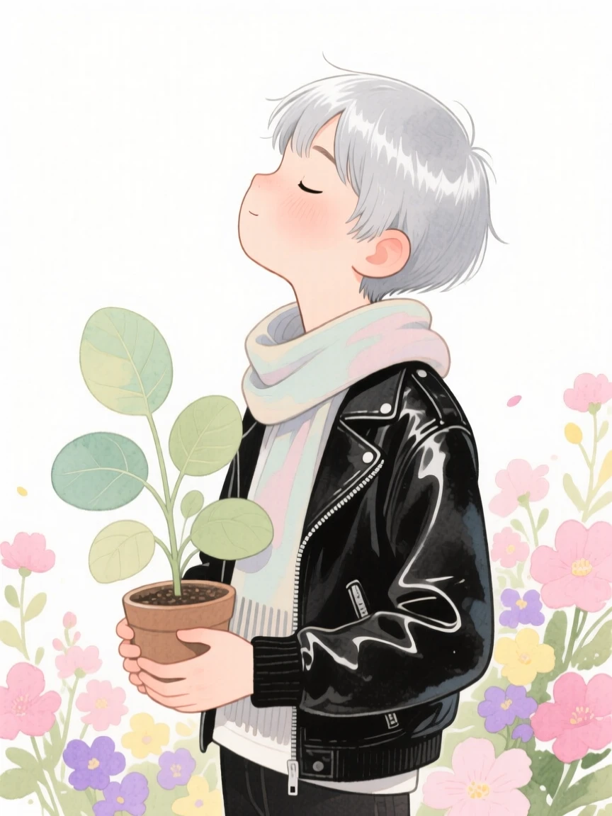 A teenage boy with a sleek silver bob, closing her eyes and tilting her face to the sun, wearing a leather jacket with a scarf and clutching a favorite houseplant, in front of a blooming garden