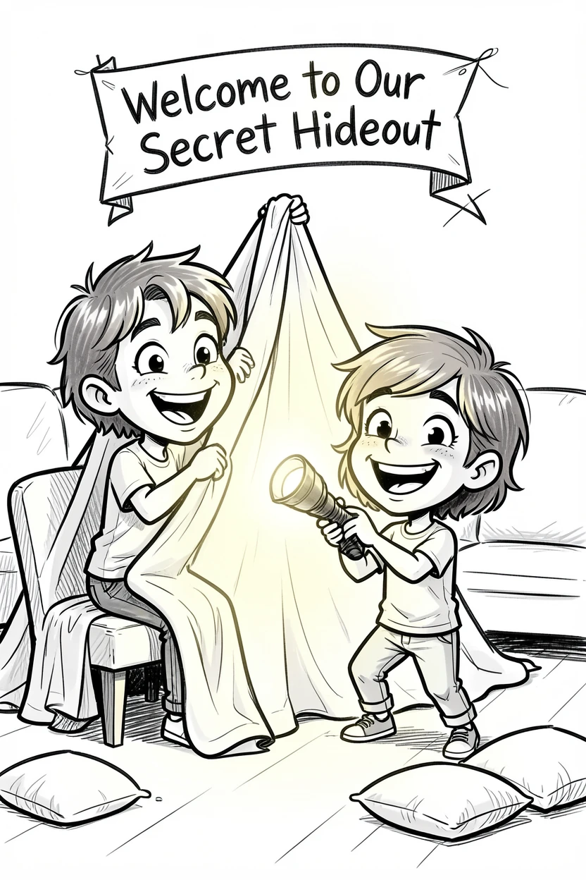 [Family & Relationship Moments] Heartwarming scene of siblings building a blanket fort in the living room with flashlights, radiating love and warmth