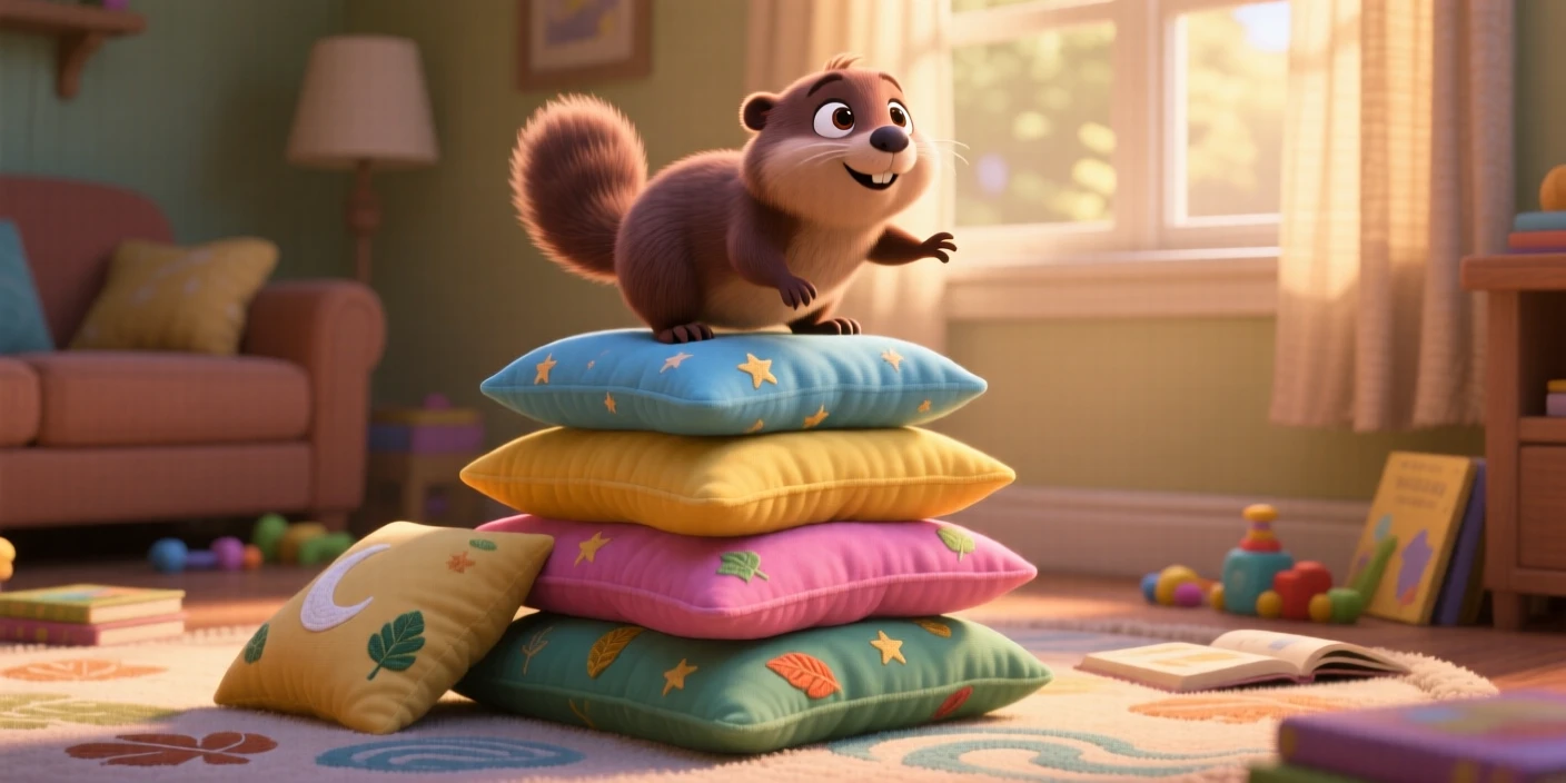 A baby beaver is balancing on a stack of pillows, looking up with big curious eyes. Innocent curiosity shines through the moment, with soft shadows framing the scene.