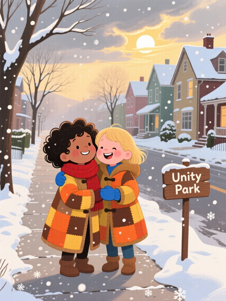In a snowy sidewalk, two children from different backgrounds bond over sharing a warm coat on a chilly evening, while the sun breaks through the clouds.