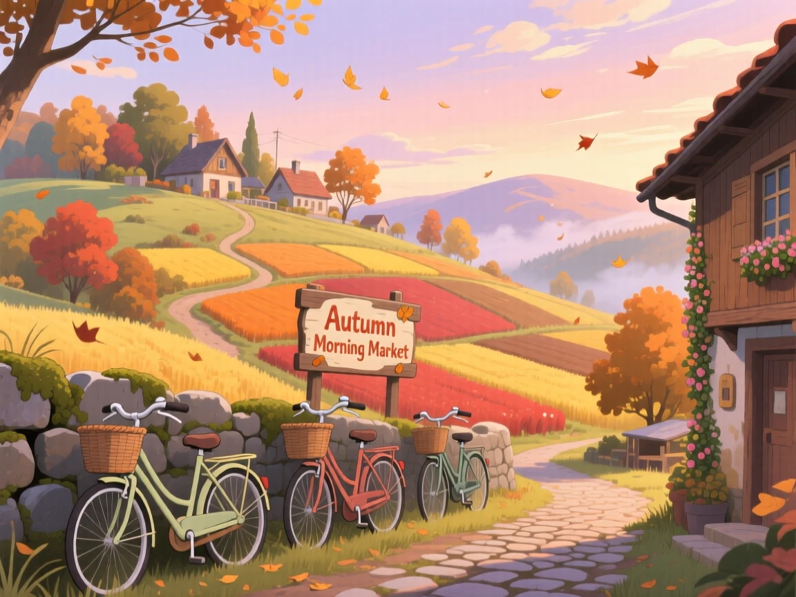A hillside village overlooking a patchwork of fields, with bicycles leaning against a low stone wall, on a crisp autumn morning.