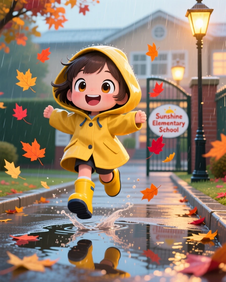Medium shot of a little girl, wearing oversized rain gear and jumping over a puddle, in a rainy school walkway, with autumn leaves swirling around, illuminated by warm lamplight, radiating giggling amusement.