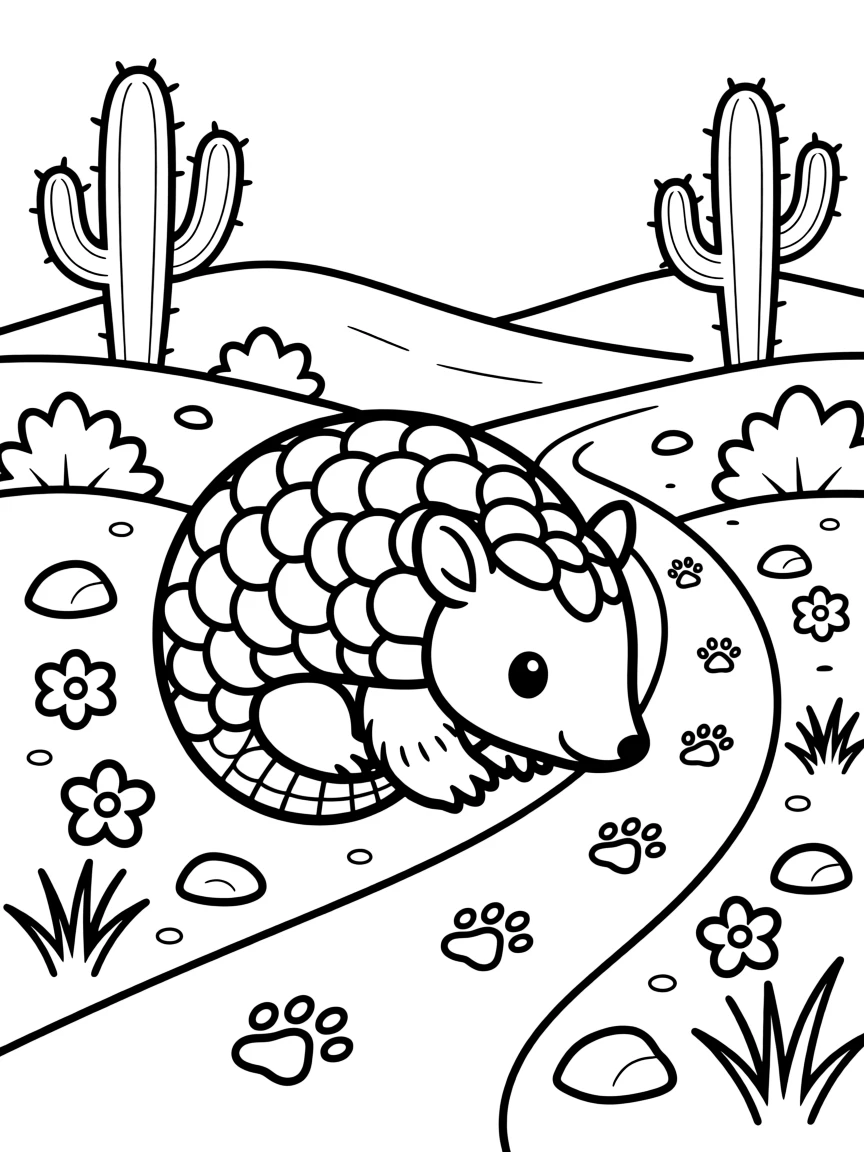 A baby armadillo curling into a ball on a desert trail