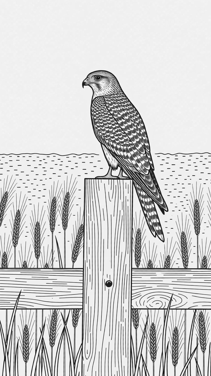A hawk perched on a fence post surveying a wheat field
