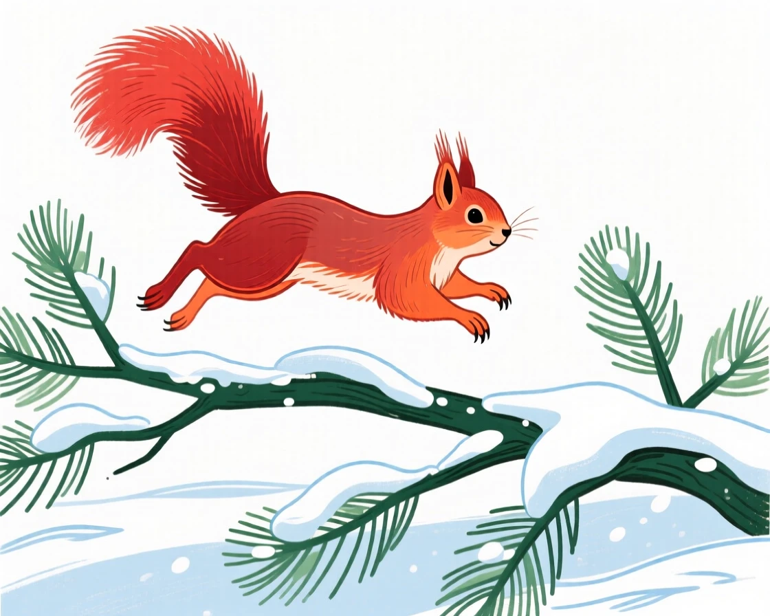 A red squirrel leaping between snow-dusted pine branches.