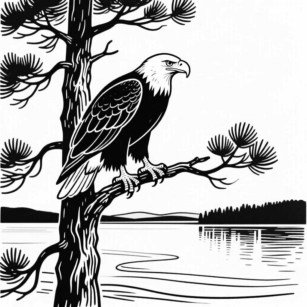 A bald eagle perched atop a tall pine tree overlooking a lake.