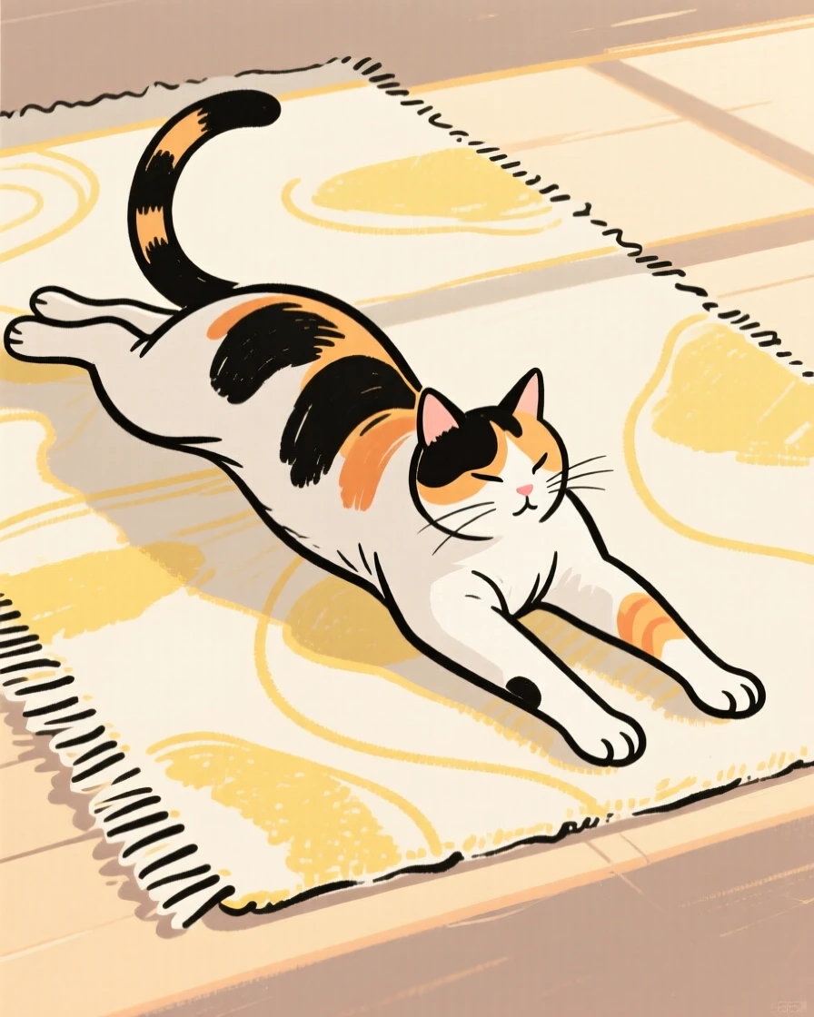 A calico cat stretching lazily on a sunlit rug.