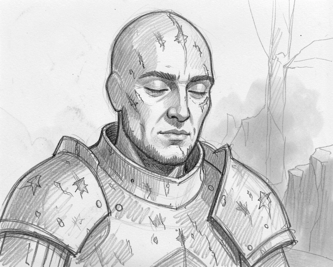 Intimate close-up of a battle-worn knight at the edge of a misty cliff, eyes closed in quiet contemplation.