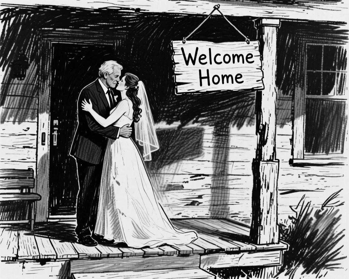 A newlywed couple embracing a loved one after a long separation, on a rustic farmhouse porch.