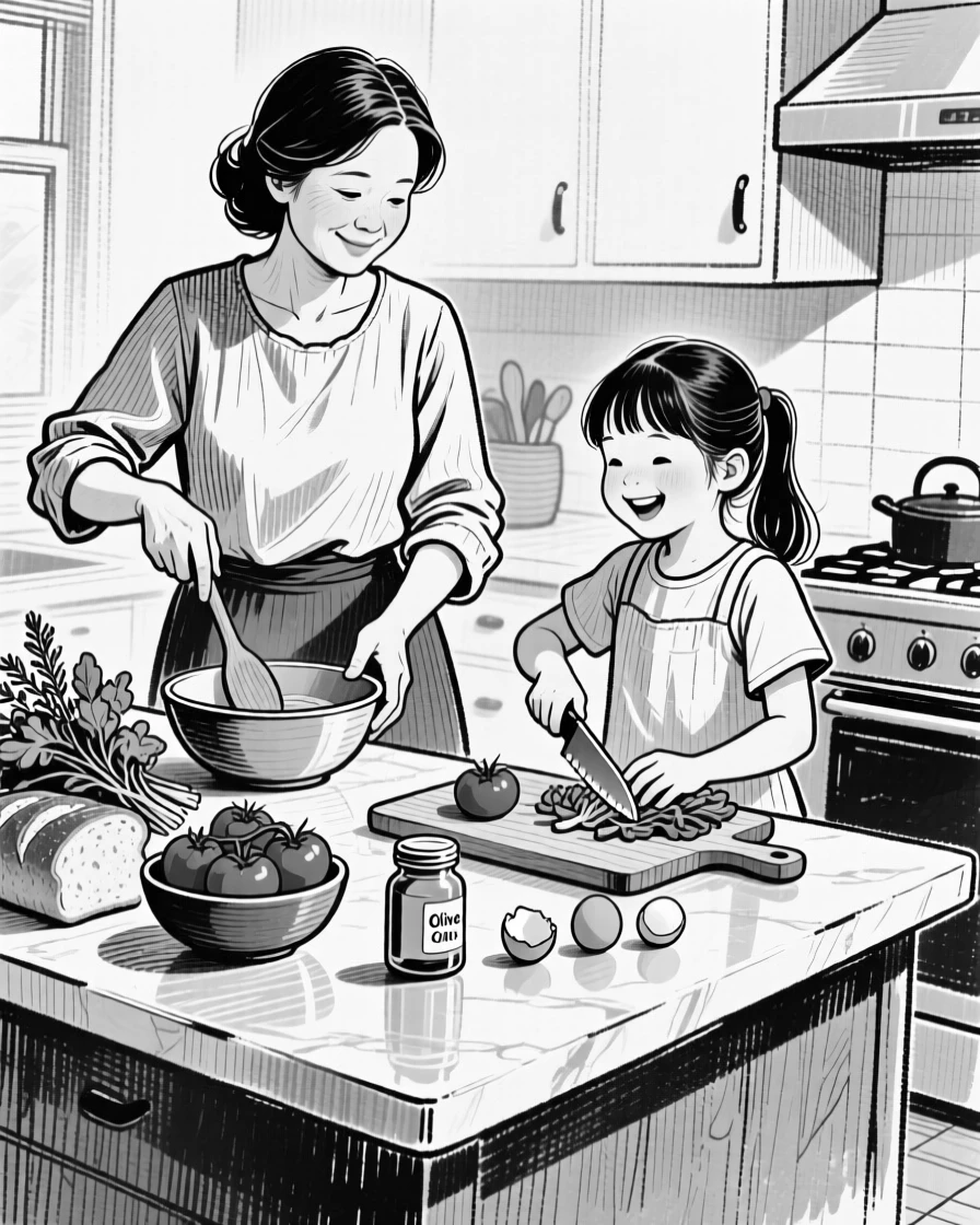 A mother and daughter cooking together at a kitchen island, ingredients spread across the counter.