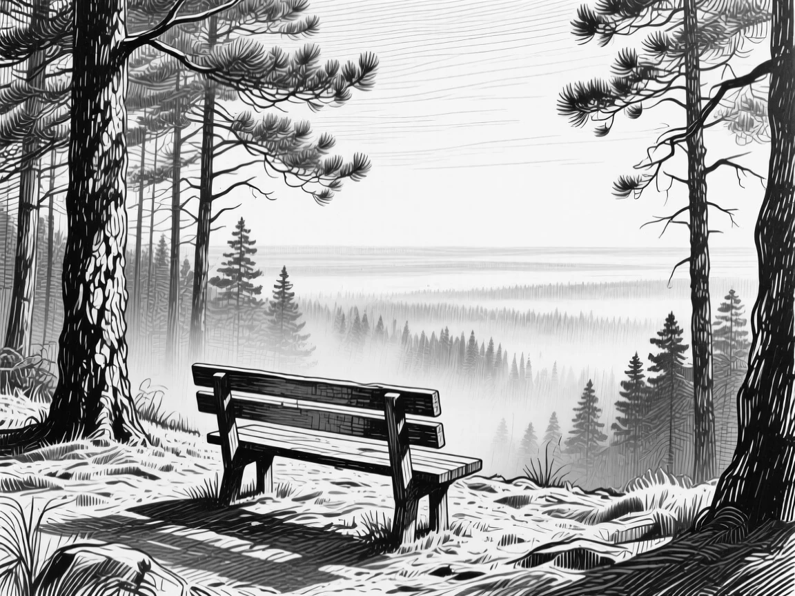 A misty pine forest at the edge of an endless horizon, with a single wooden bench overlooking the view, evoking a gently nostalgic atmosphere in a wide, balanced composition.