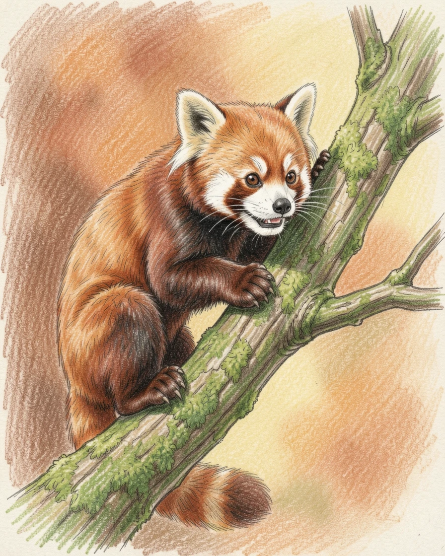 A red panda climbing along a mossy tree branch, set against a warm, softly blurred background, full of playful curiosity and joy.
