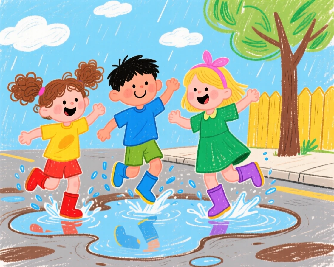 A group of young siblings splashing through puddles after a summer rain.