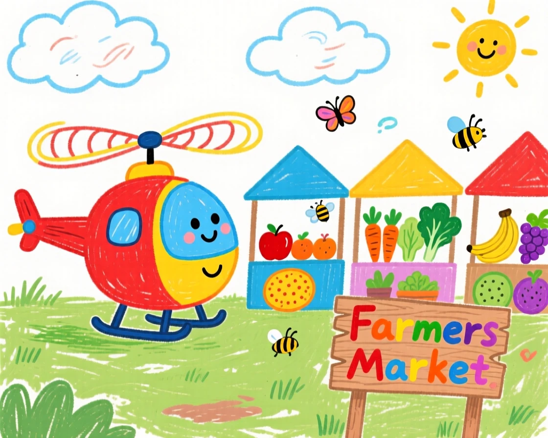 A nimble helicopter parked beside a colorful farmers market.