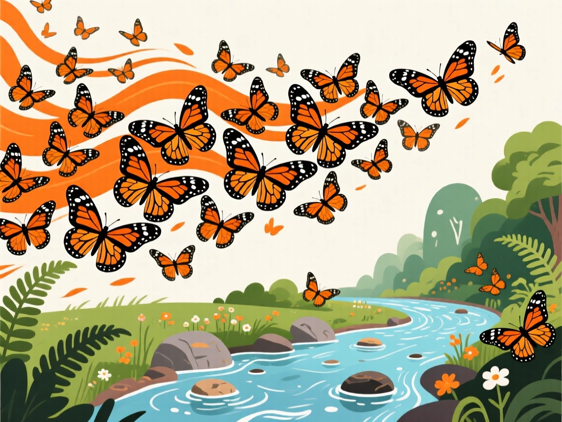 A monarch butterfly migration filling the sky in orange waves, positioned beside a babbling woodland stream, grouped together in a playful cluster composition, with a sense of playful curiosity captured perfectly.