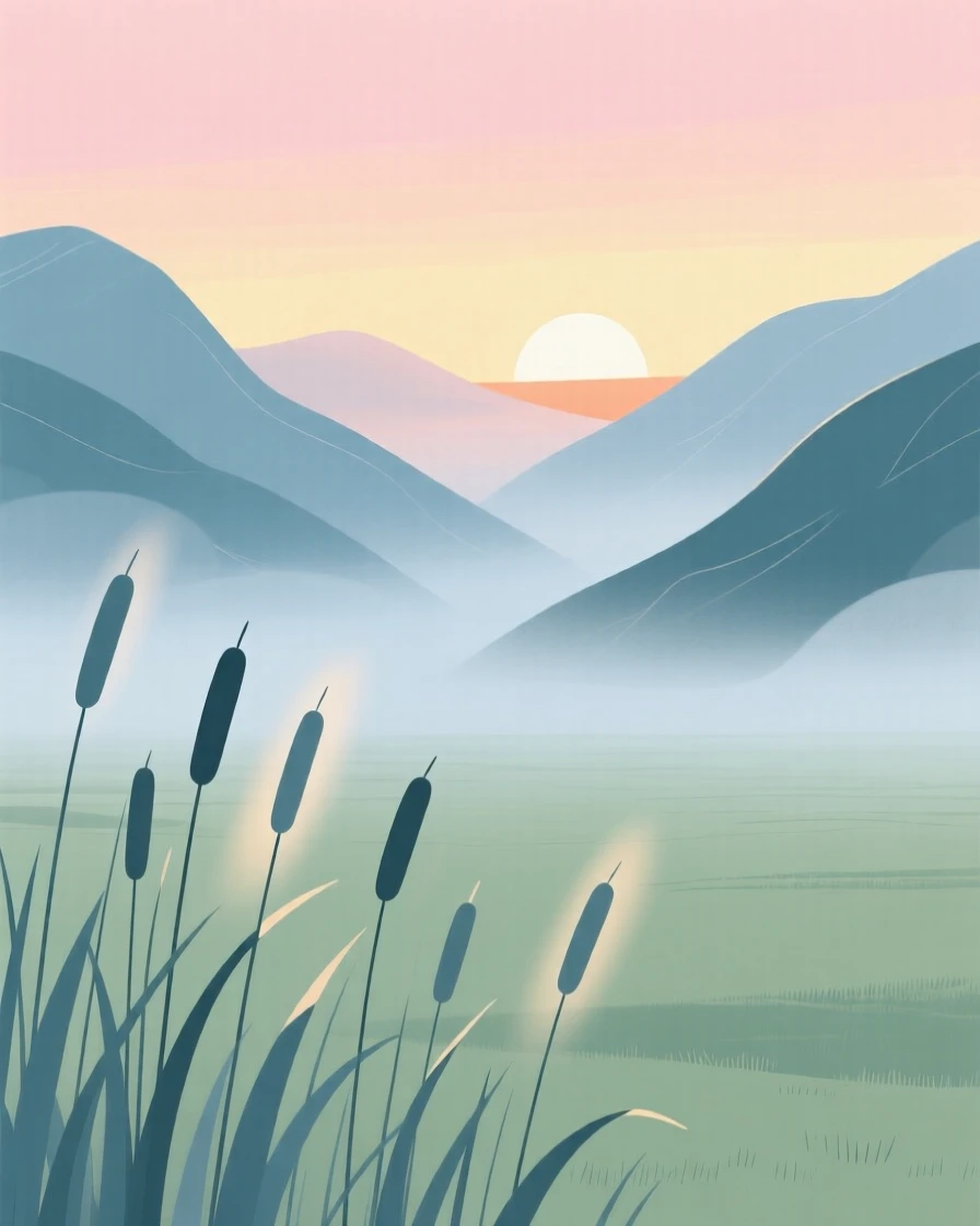 A misty mountain valley at sunrise with soft light filtering through the tall reeds.