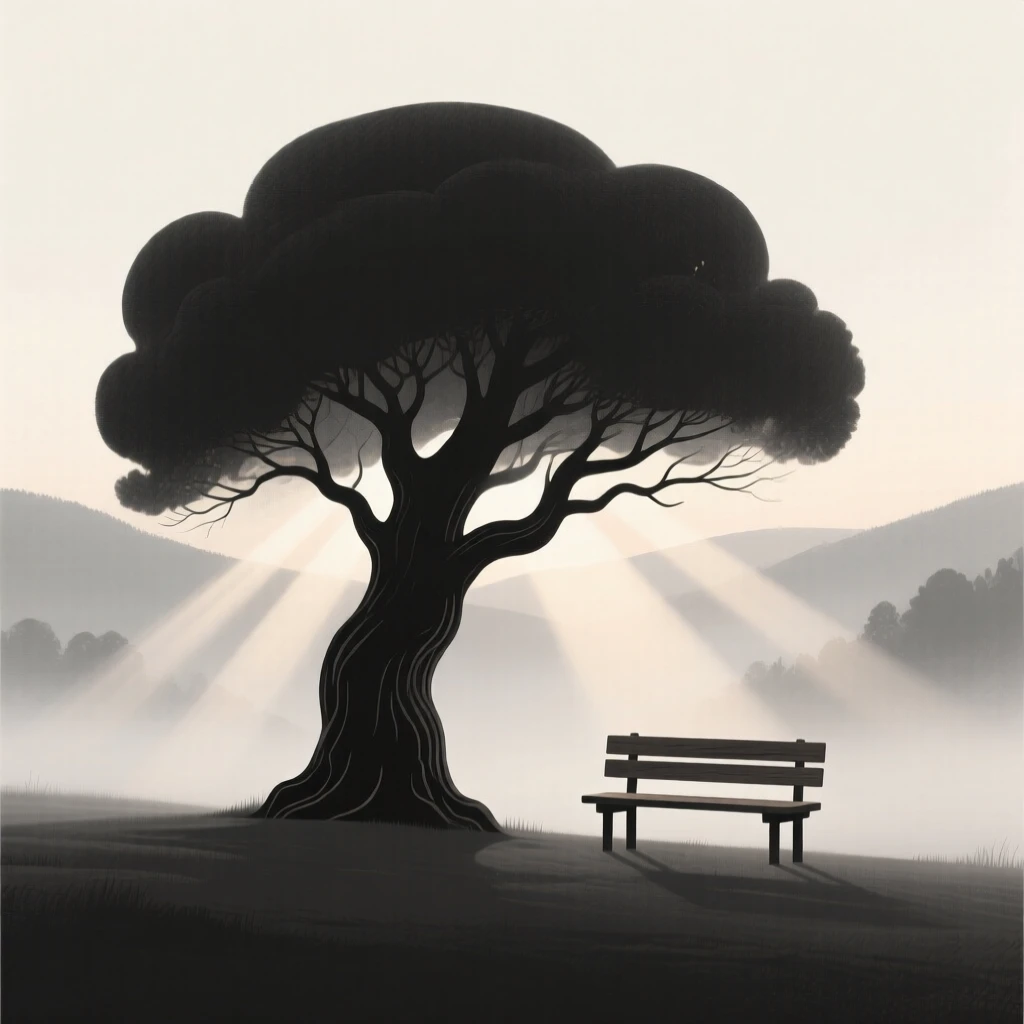 Sunlight falling across a misty valley at dawn as an ancient oak tree moves slowly past a single wooden bench, evoking untouched wilderness.