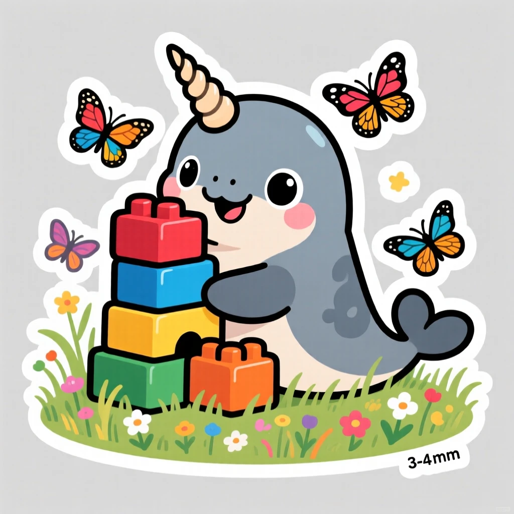 A wide-eyed baby narwhal stacking colorful building blocks, in a meadow with butterflies fluttering around.