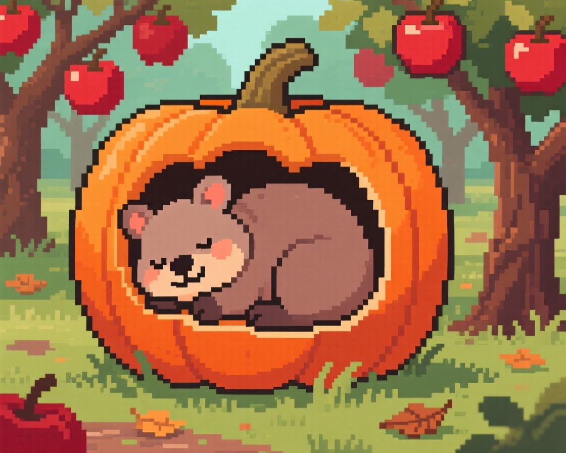 A plump quokka wrapped up for a nap inside a pumpkin, in an orchard heavy with ripe fruit.