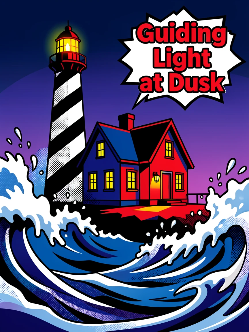 A lighthouse keeper's cottage lit at dusk beside crashing waves