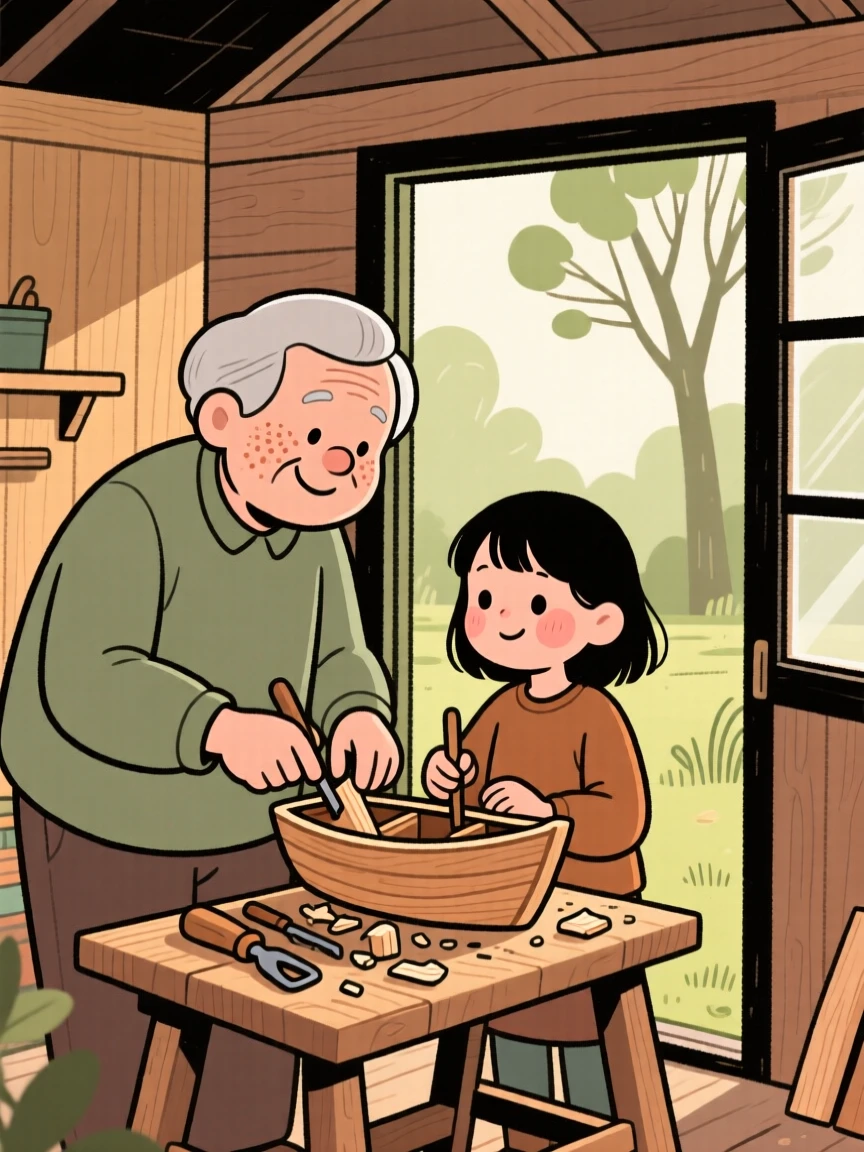 A grandparent shows a curious granddaughter how to carve a small wooden boat in the garden shed, both taking their time as a light breeze moves through the trees.