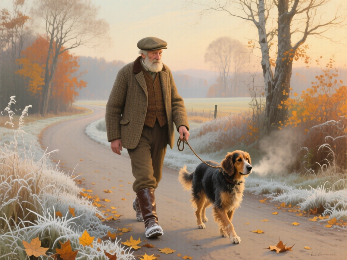 A well-framed scene of an old man walking his dog along a quiet autumn lane, during the first frost of autumn, in early morning light.