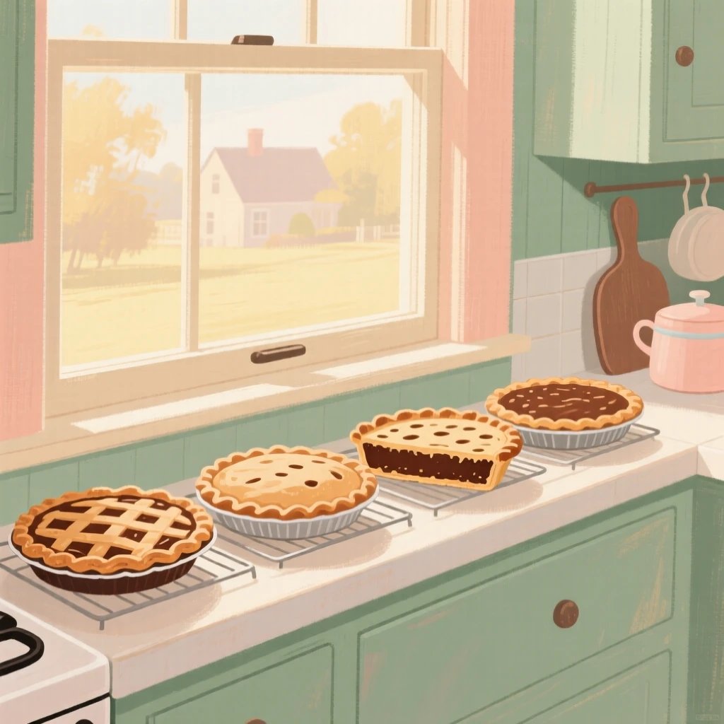 A row of pies cooling on a farmhouse kitchen windowsill