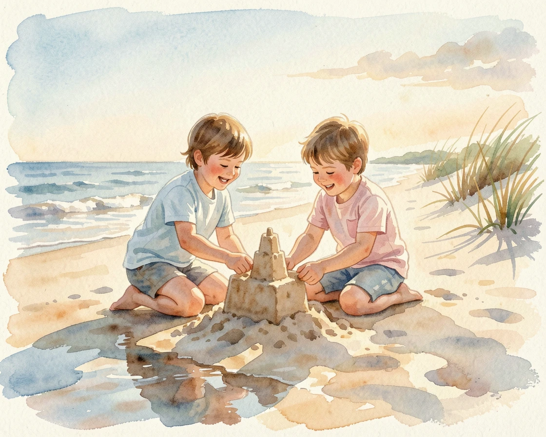 Siblings building a sandcastle together on the beach as golden light bathes the scene.