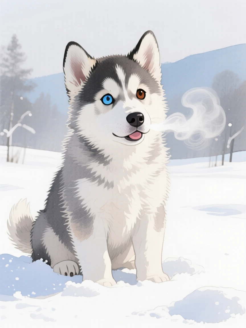 A husky puppy with mismatched blue and brown eyes sits in fresh snow, breath visible in the cold morning air
