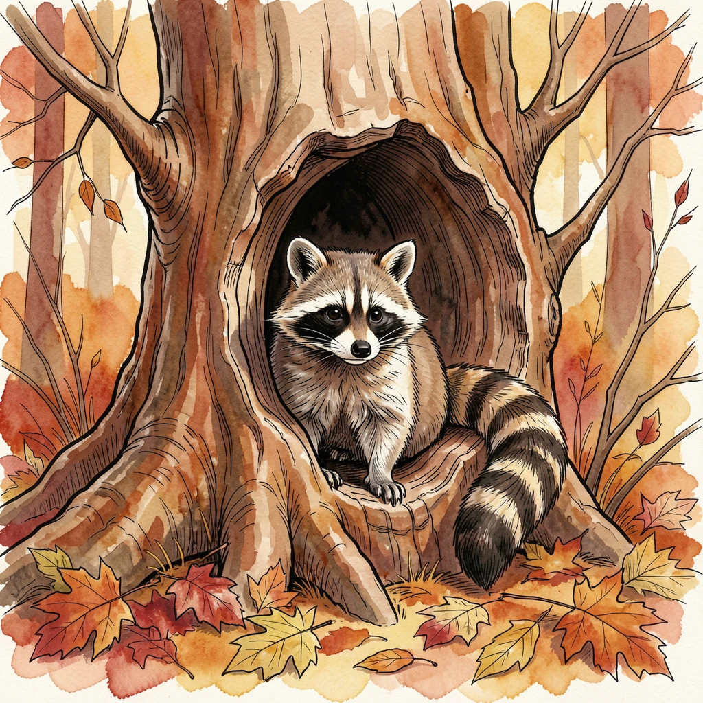 A raccoon peering curiously from a hollow tree trunk in an autumn forest
