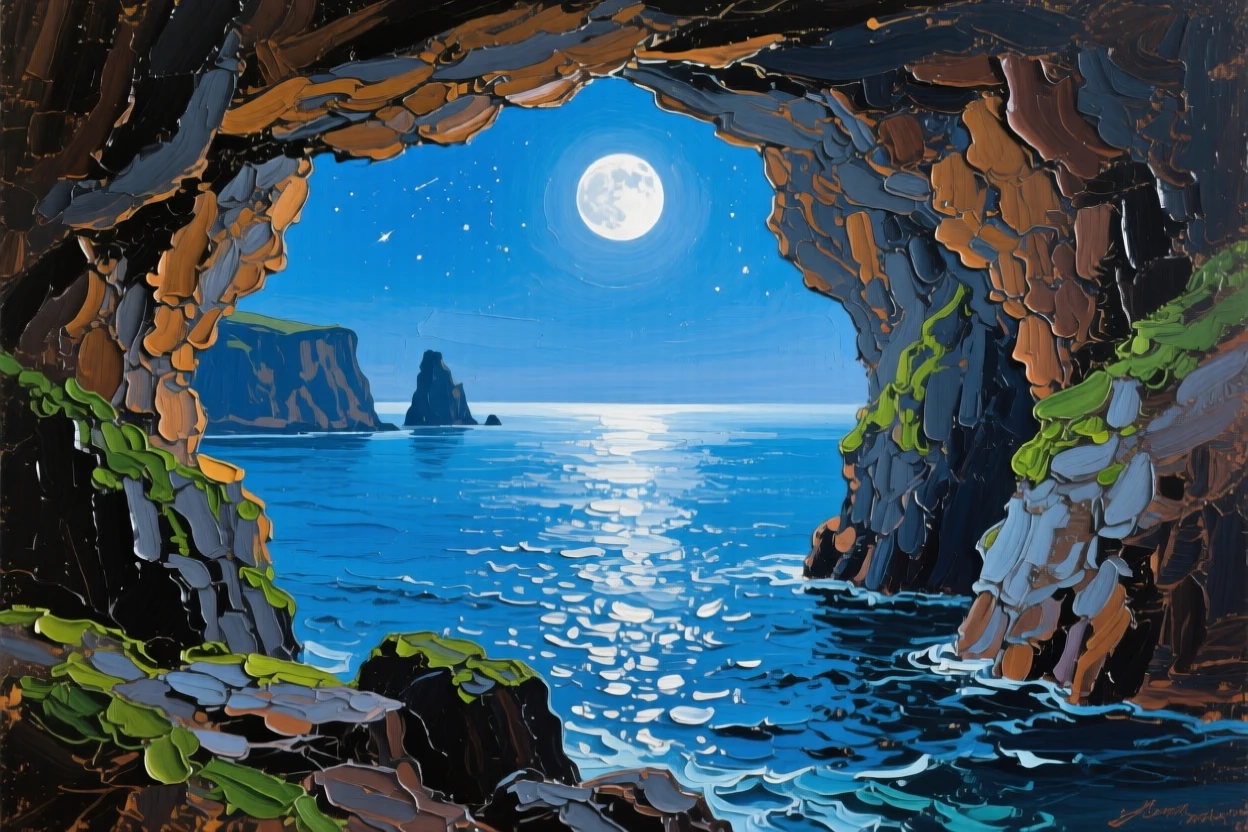 a sea cave opening toward the horizon, under a full moon, with a balanced, spacious view of the surroundings.