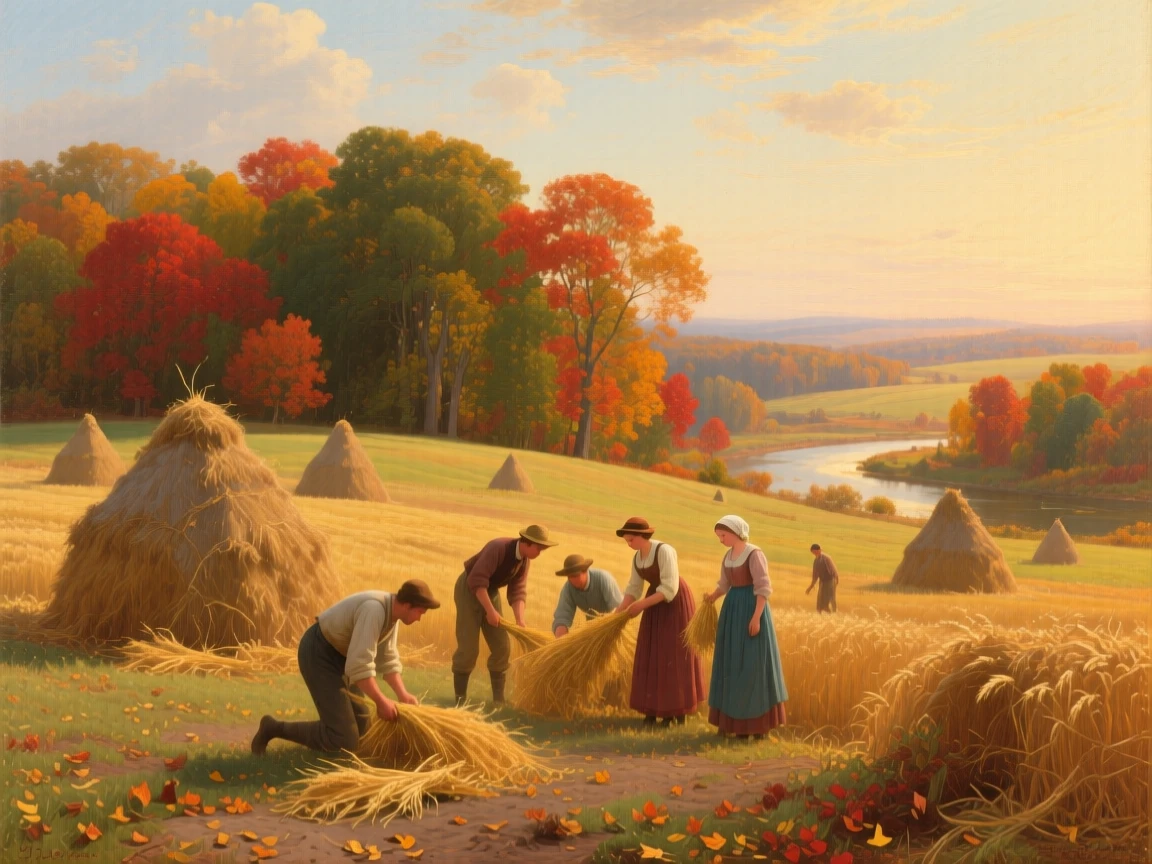 A group of harvesters gathers the last of the harvest in a field dotted with haystacks as autumn colors the land.