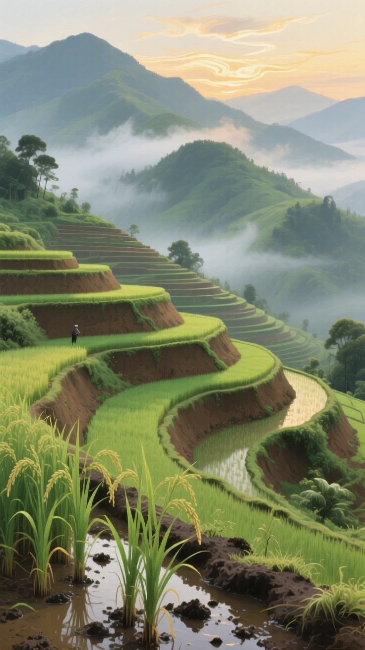 A terraced rice paddy cascading down a misty green mountainside, as gentle waves of heat shimmer above the ground, radiating tranquility and the timeless beauty of the natural world