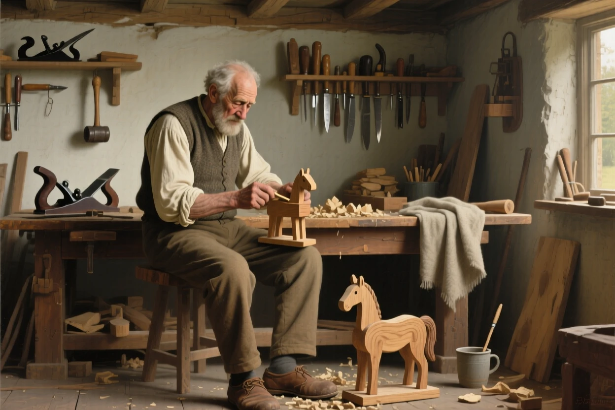 A grandfather whittling a small wooden toy for his grandchild in a small, quiet moment made luminous and lasting, set within a modest workshop filled with tools and warm light, with modest but well-tended surroundings speaking of quiet pride; the composition finds quiet monumentality in an everyday gesture, capturing the timeless rhythm of rural and village life.
