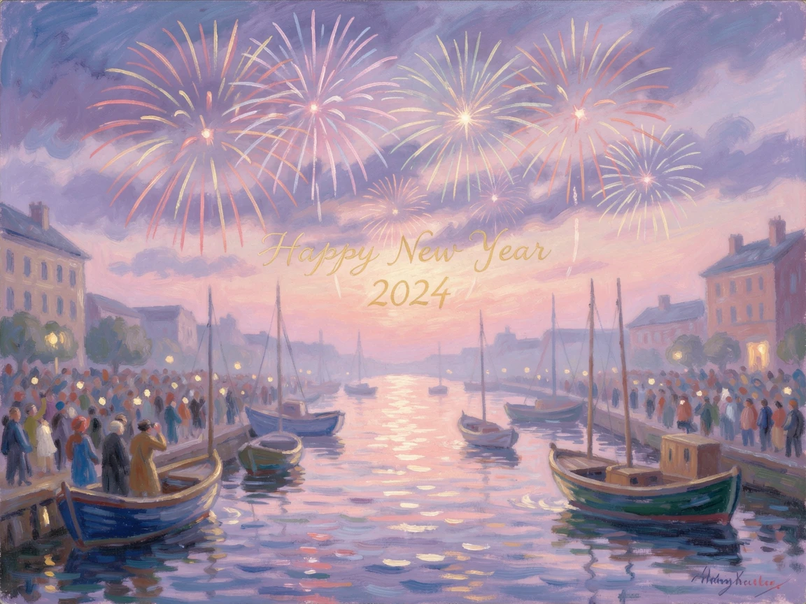 A New Year's Eve celebration with fireworks bursting over a glittering harbor filled with cheering crowds.
